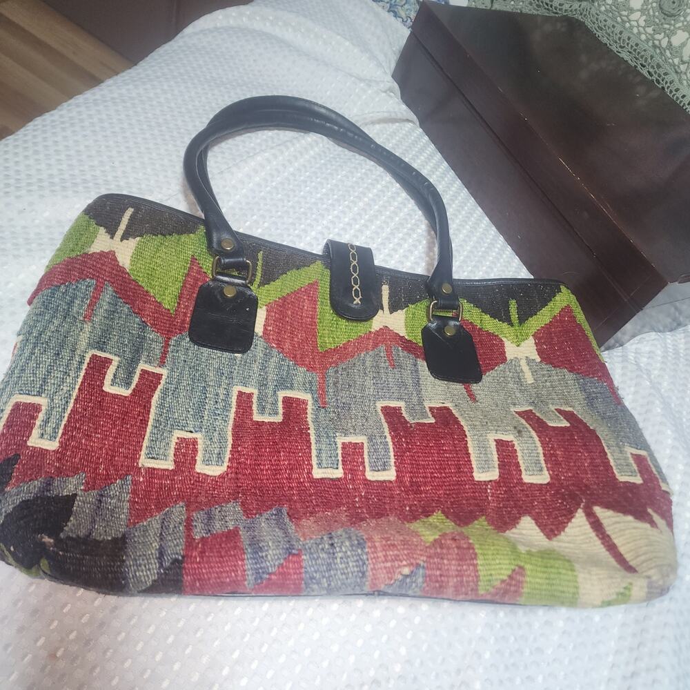 YUN  ART EUC XL KILIM WOOL & LEATHER MULTICOLOR TOTE BAG